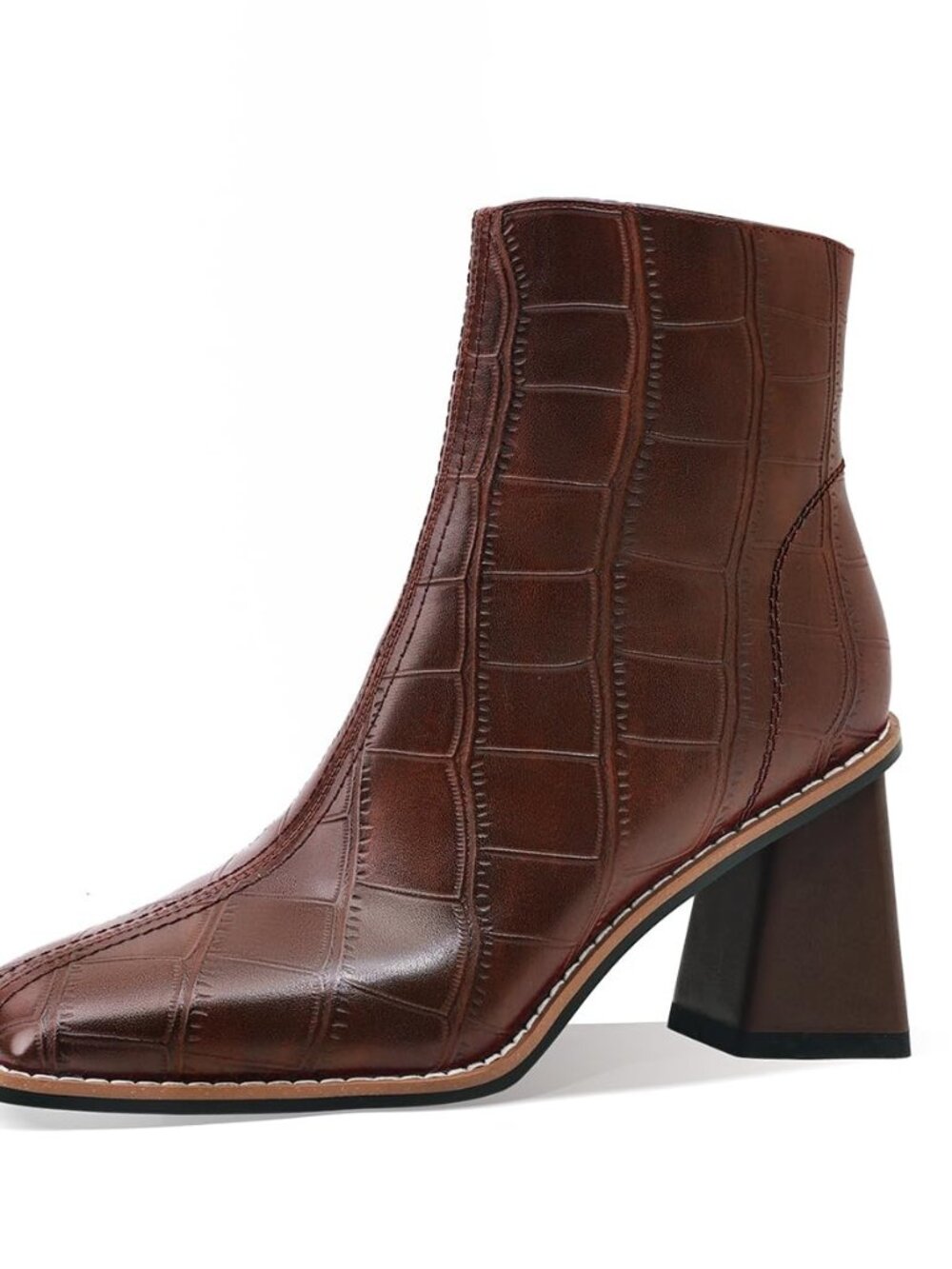Womens Ankle Boots Chunky Mid Heel Booties Retro Square Pointed Toe Side Zipper